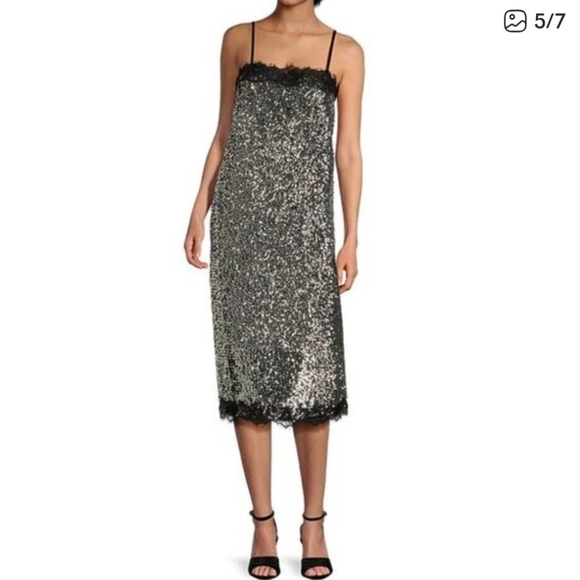 Gianni Bini Silver Sequin Dress with Lace Trim - Picture 3 of 9